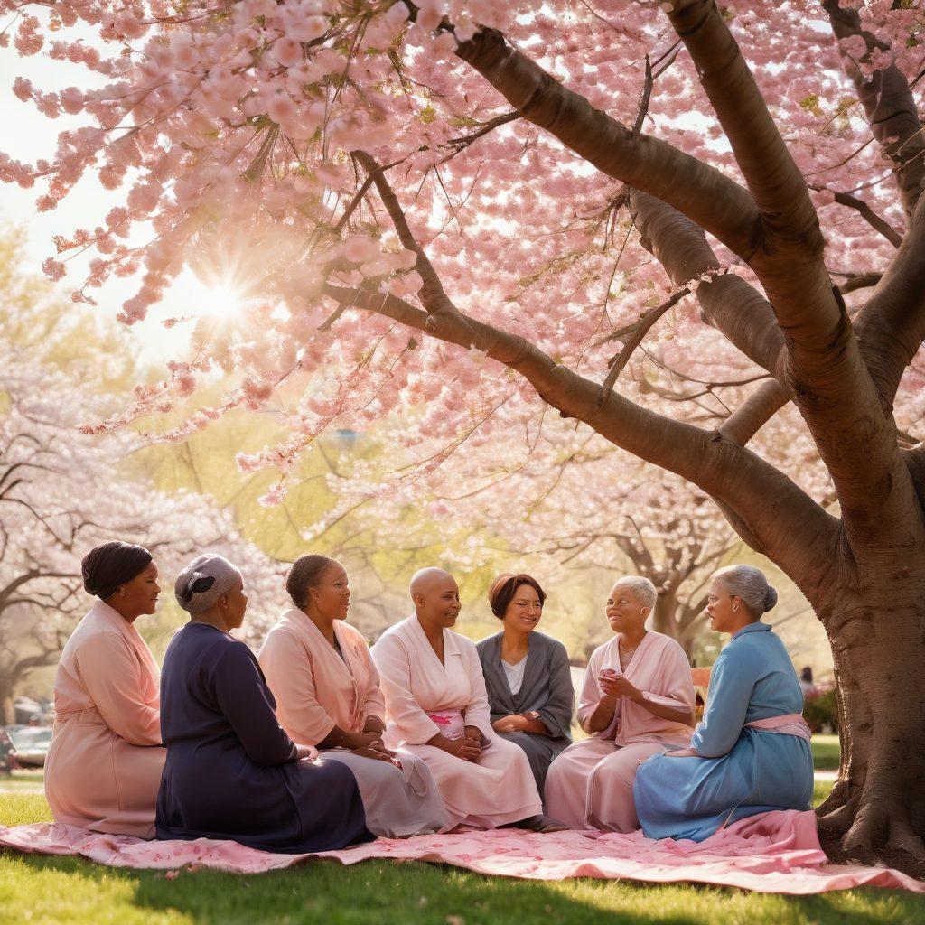 A comforting scene of a diverse group of cancer survivors sharing their personal stories under a blooming cherry blossom tree, showcasing warmth, support, and resilience. Soft sunlight filters through the branches, illuminating their faces, while a subtle backdrop of supportive community members engages in conversation. Incorporate symbols of hope like ribbons and flowers. painting. warm tones. natural settings.