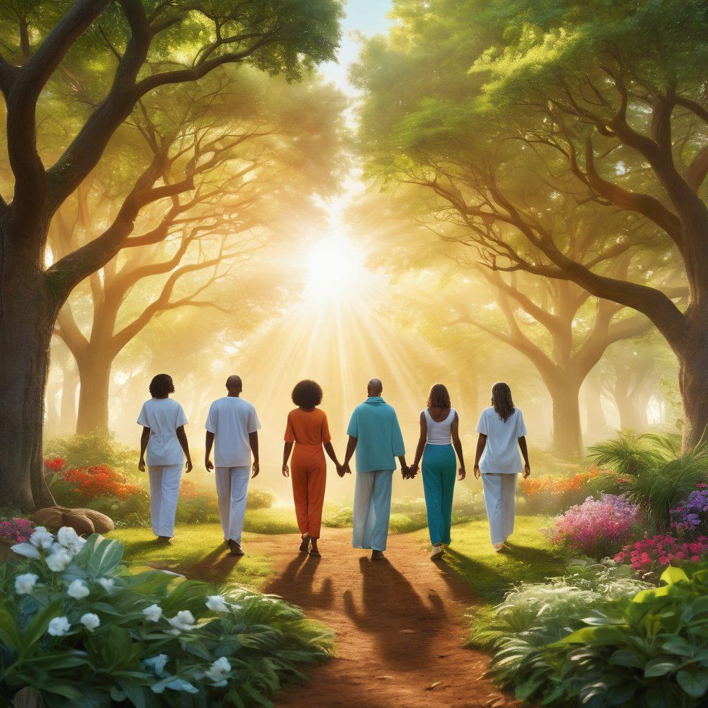 A serene and uplifting scene depicting a diverse group of individuals celebrating their journey from diagnosis to survivorship, surrounded by symbols of health and holistic care like plants, wellness symbols, and positive affirmations. The background features soft sunlight filtering through trees, conveying hope and resilience. Incorporate a vibrant color palette to enhance the sense of well-being and togetherness. super-realistic. vibrant colors. natural setting.